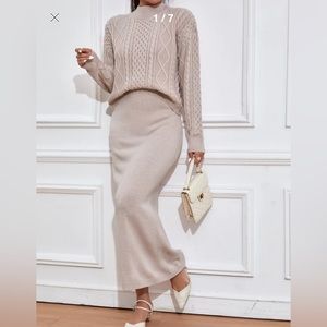 Shein Mulvari Mock Neck Drop Shoulder Sweater & Knit Skirt - Medium Apricot